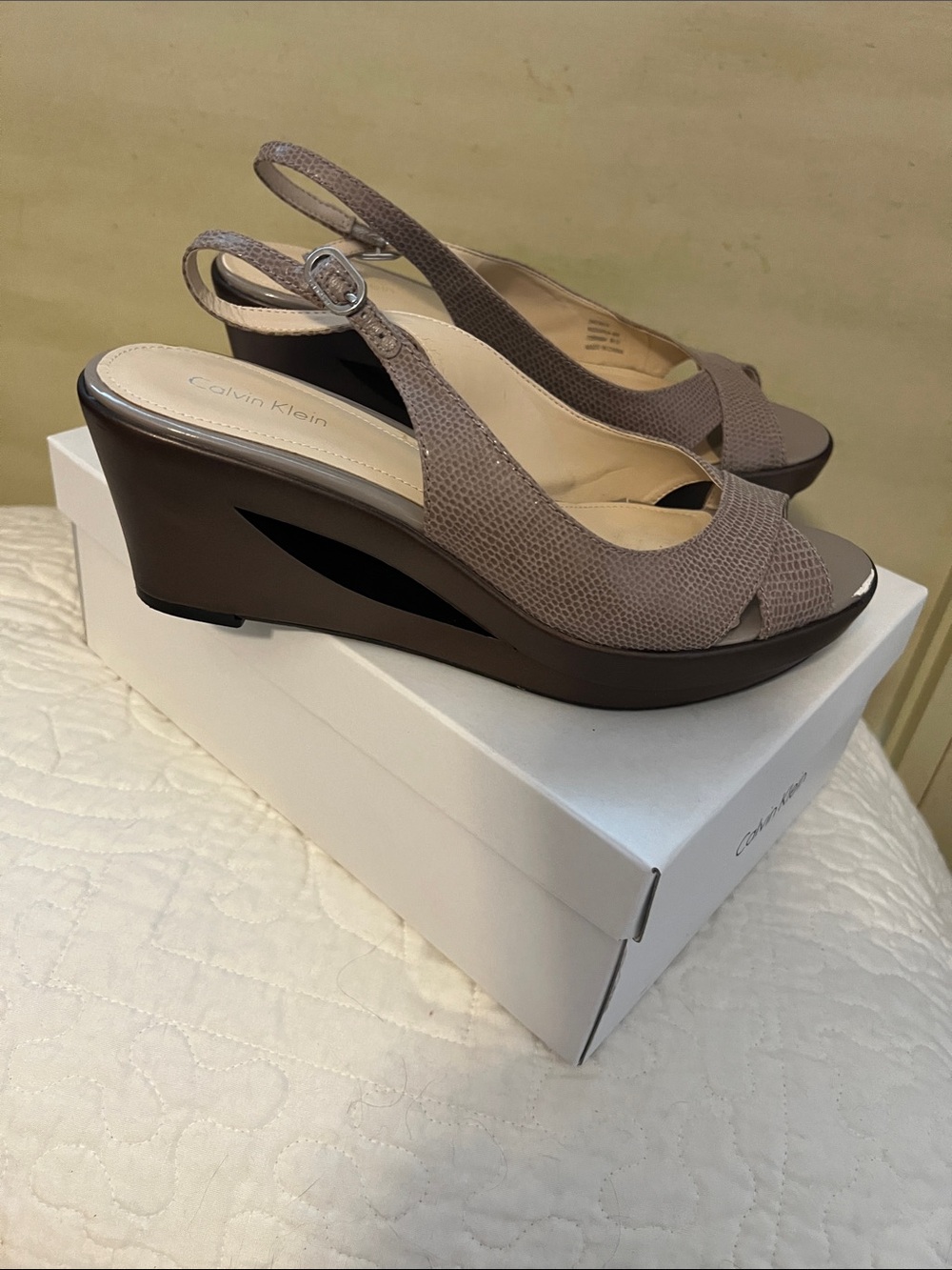 Calvin Klein Taupe Peep-Toe Slingback Wedge Sandals